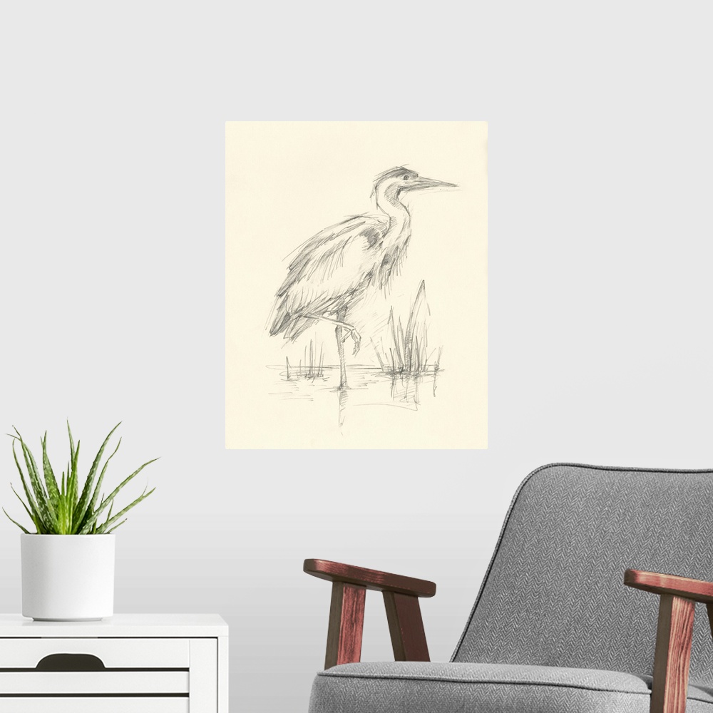 A modern room featuring Waterbird Sketchbook Study I