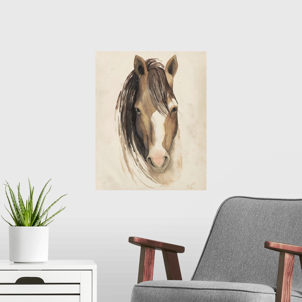 A modern room featuring Watercolor painting of a horse with a white blaze on its nose.