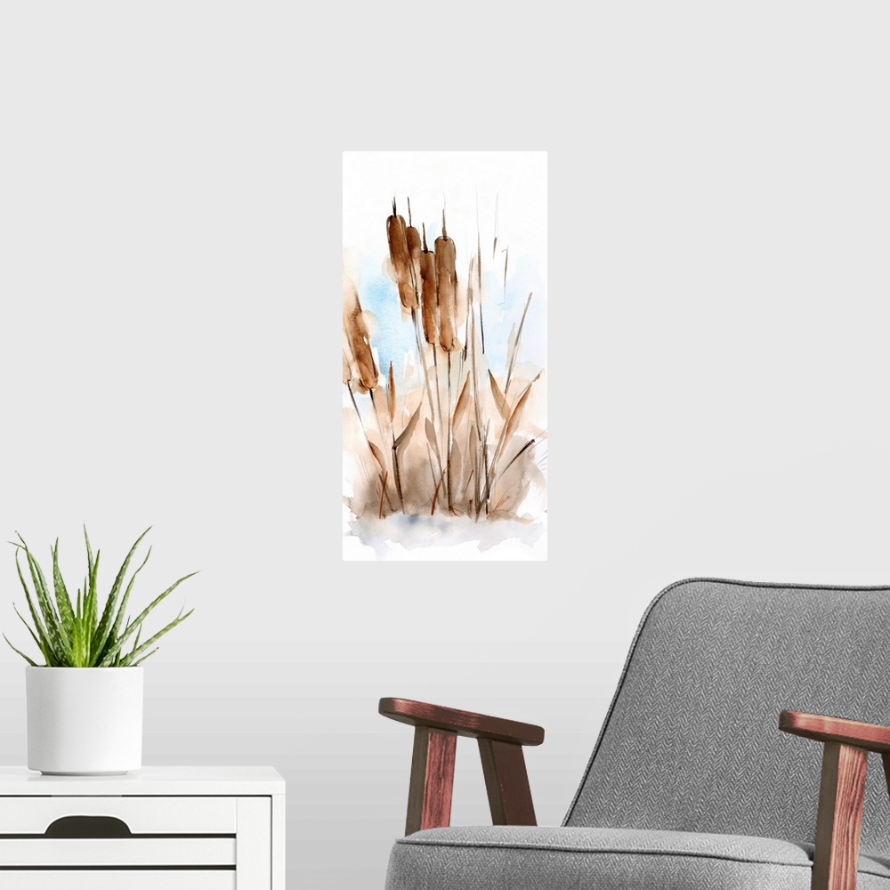 A modern room featuring Watercolor Cattail Study I