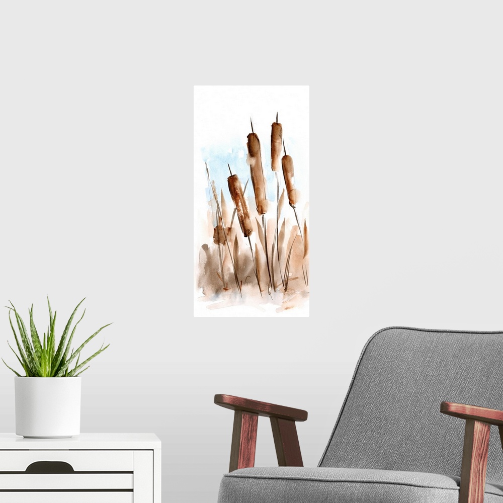 A modern room featuring Watercolor Cattail Study II