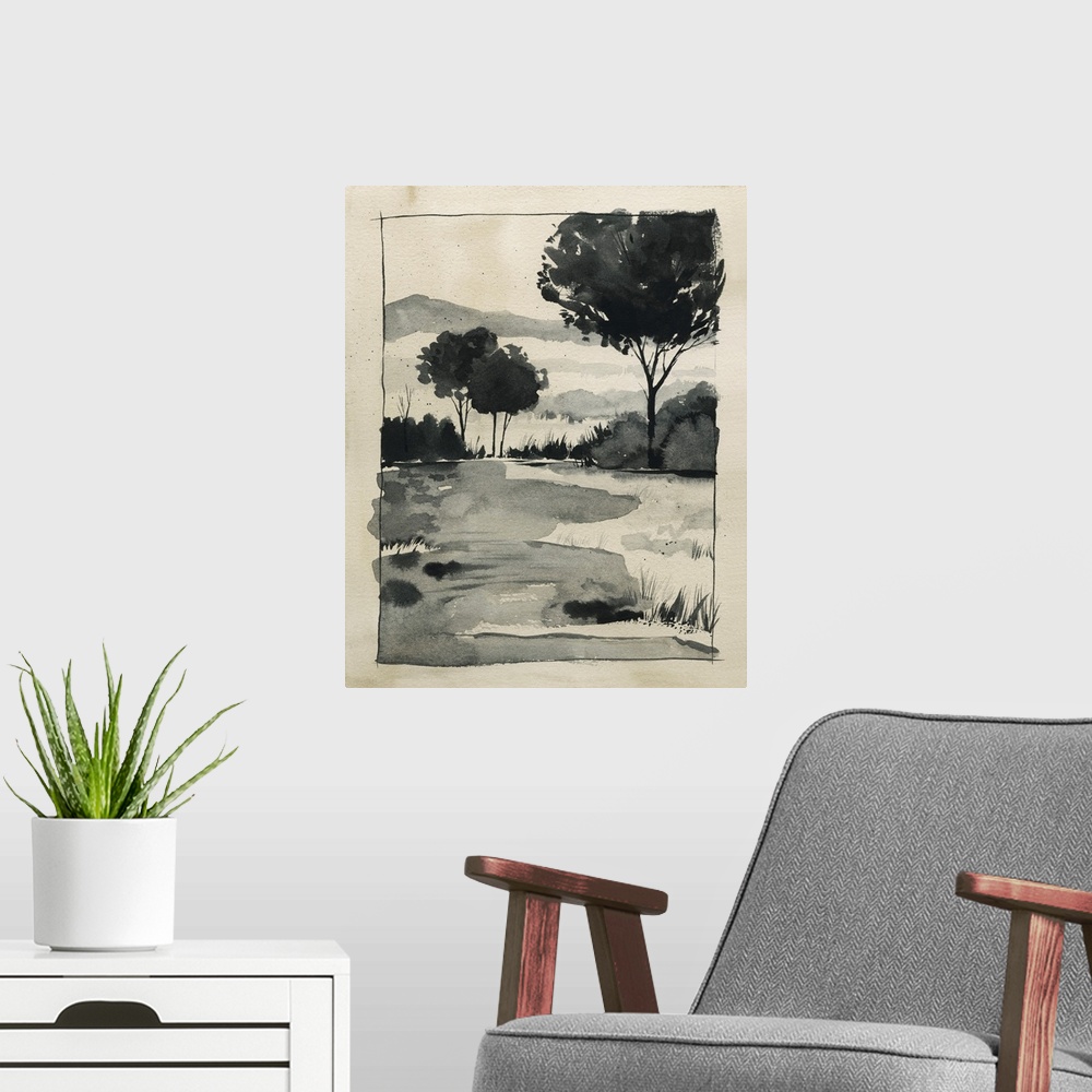 A modern room featuring Watercolor Country Sketch I