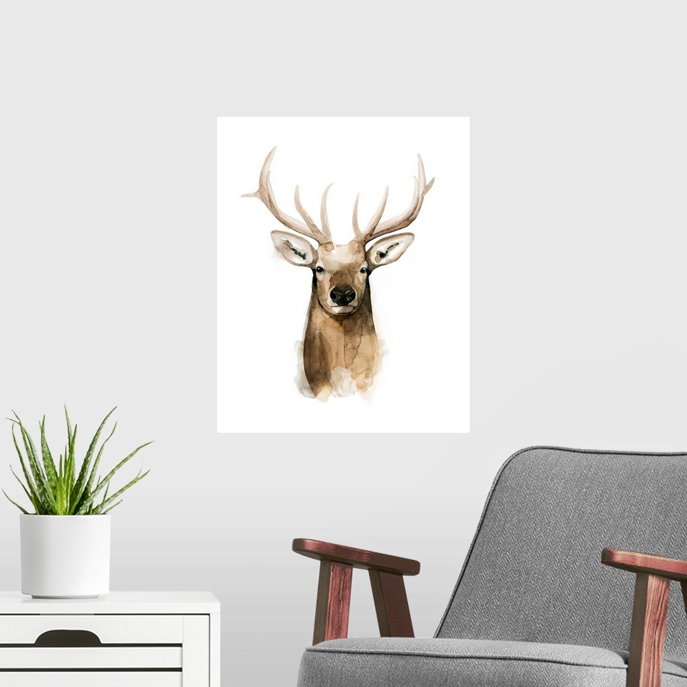A modern room featuring Watercolor Elk Portrait I