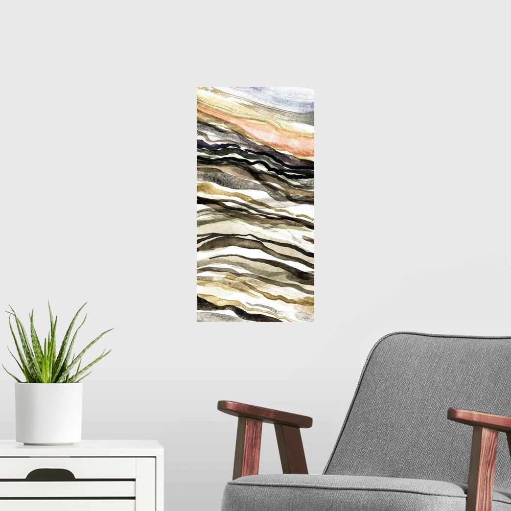 A modern room featuring A contemporary abstract painting of wavy organic lines of color in autumn shades of browns and ot...