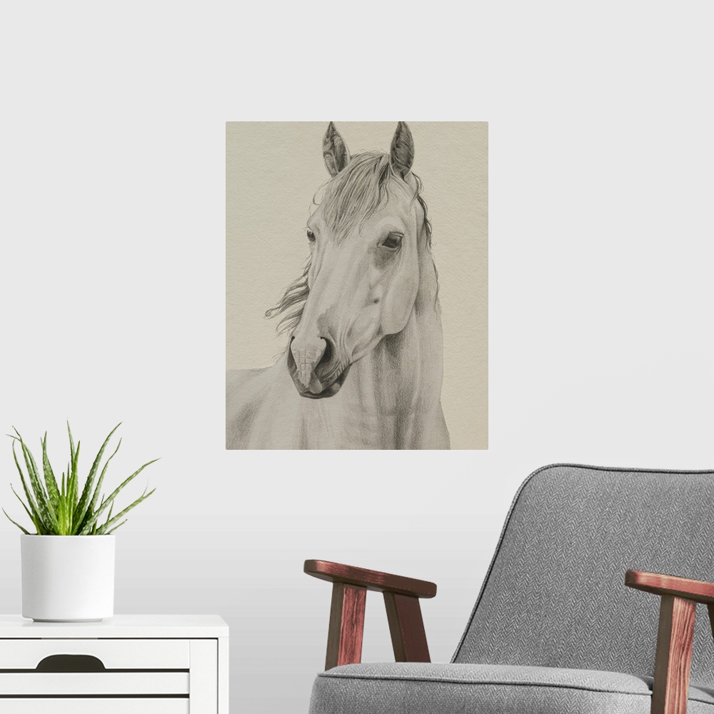 A modern room featuring White Horse Portrait II