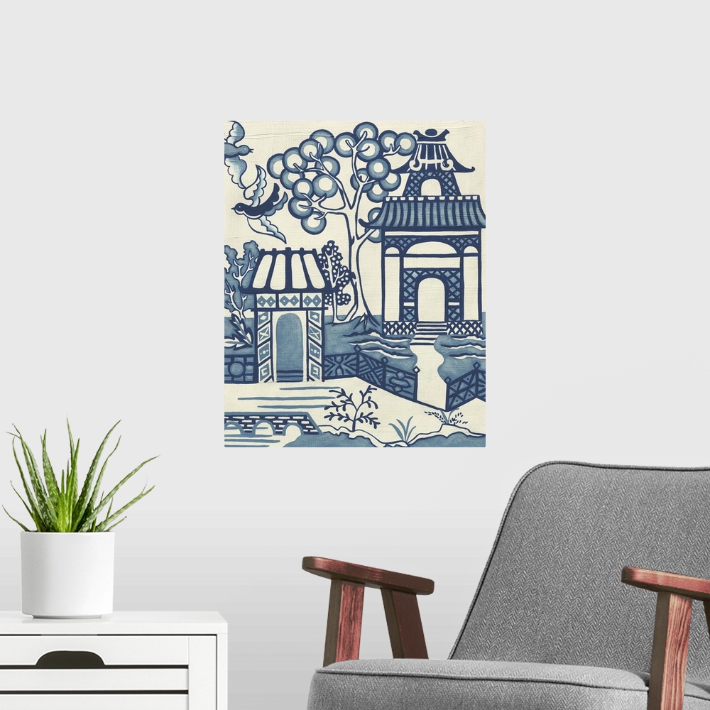 A modern room featuring Asian-style painting of two temples and a tree.