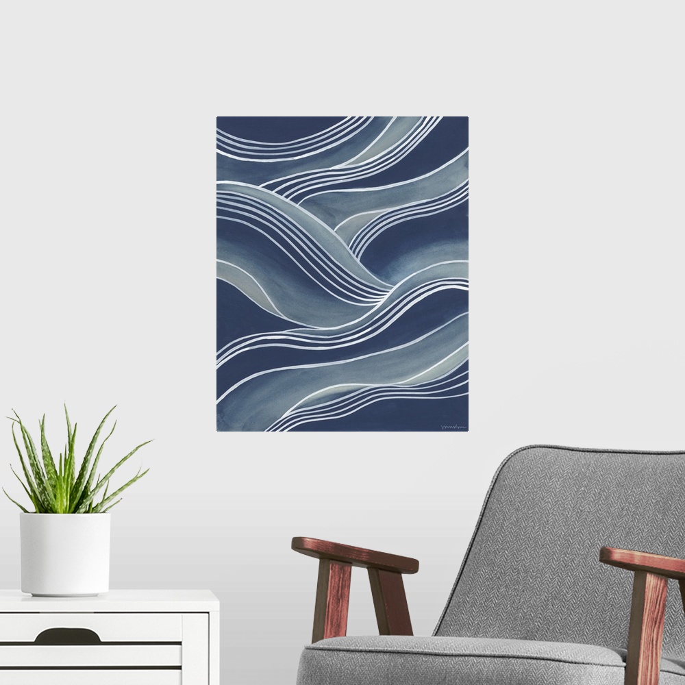 A modern room featuring Wavy white lines over shades of blue create the illusion of rolling waves.