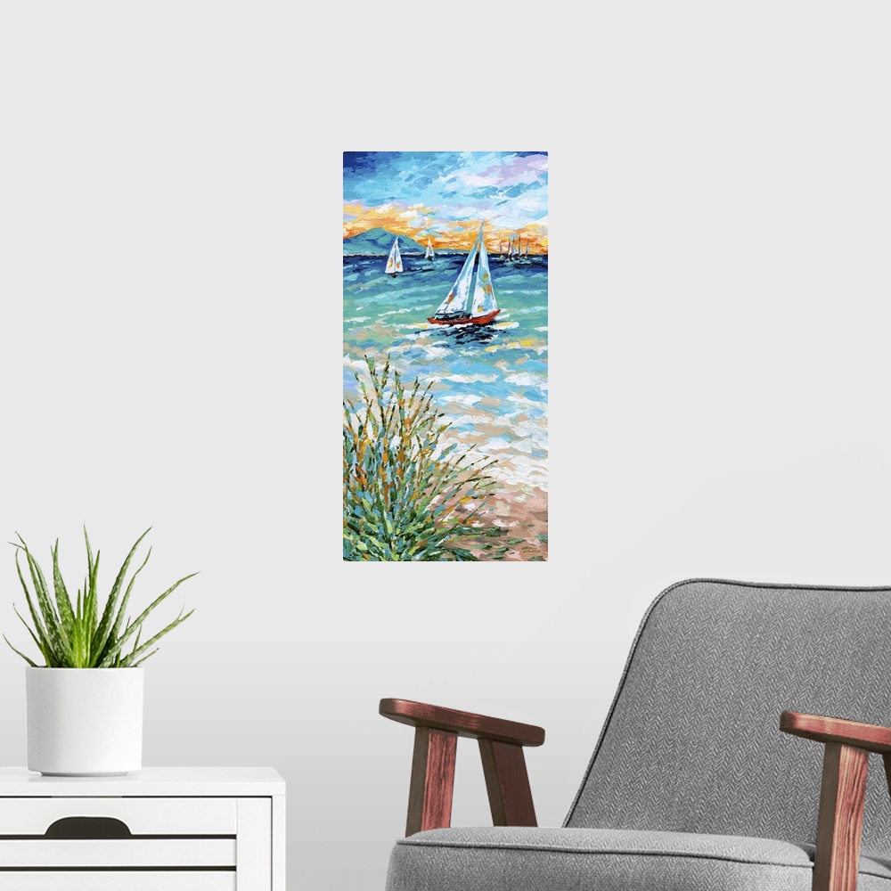 A modern room featuring Contemporary ocean scene with three sailboats on the sea and beach grass on the shore.