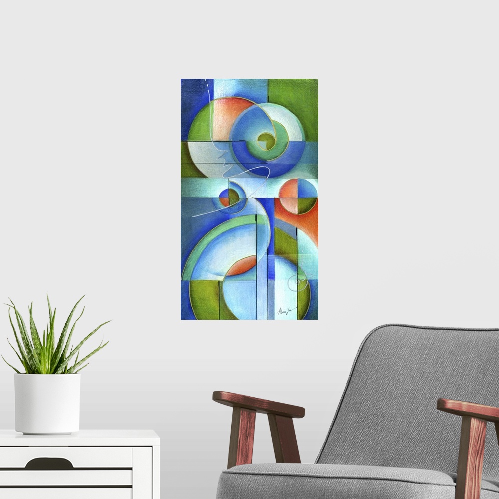 A modern room featuring Vertical abstract painting of vibrant colored shapes in circles and triangles.