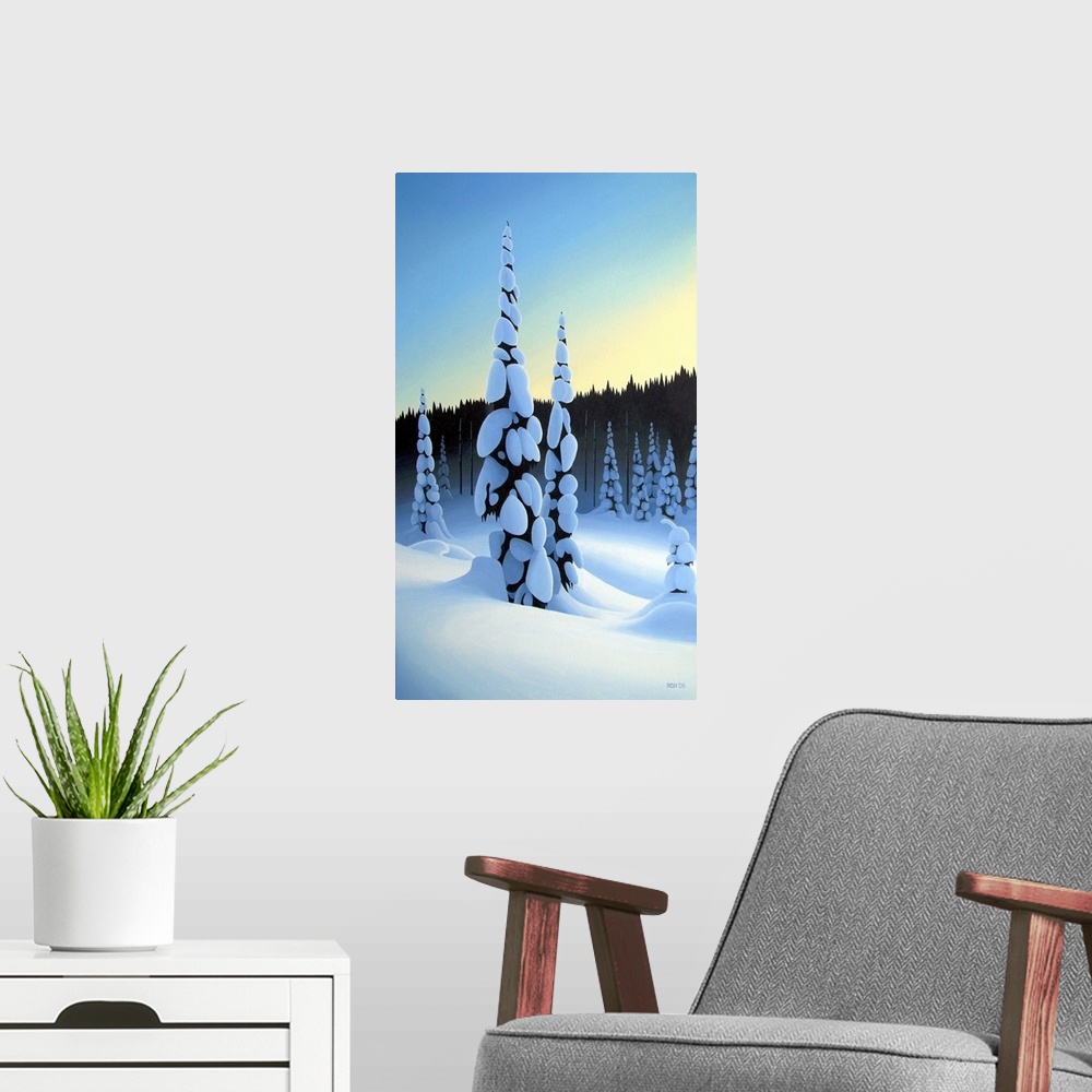 A modern room featuring Painting of tall trees with branches weighed down by heavy snow in winter.