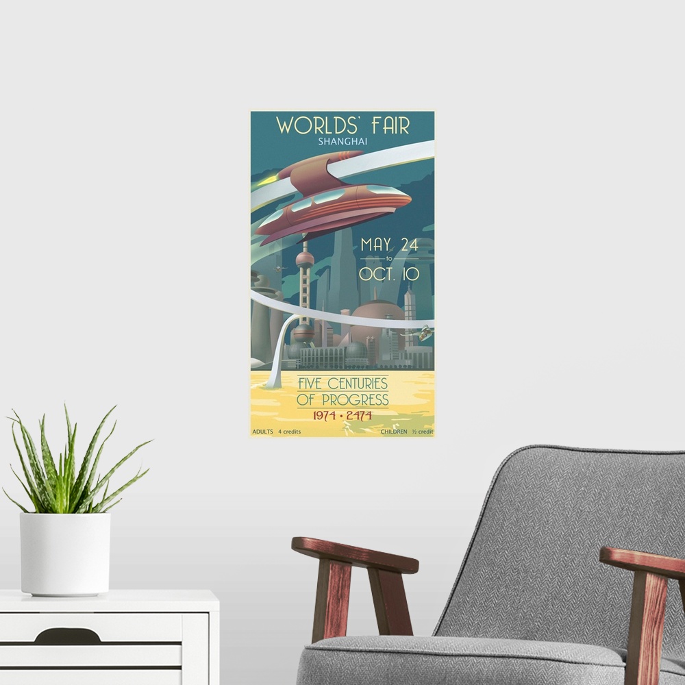 A modern room featuring Contemporary retro travel poster.