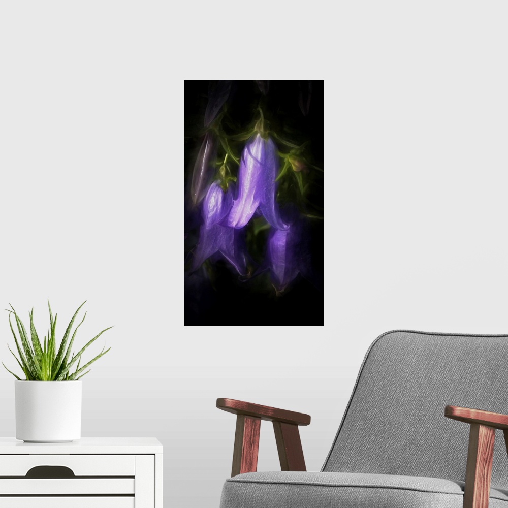 A modern room featuring Painterly photograph of bell shaped flowers.