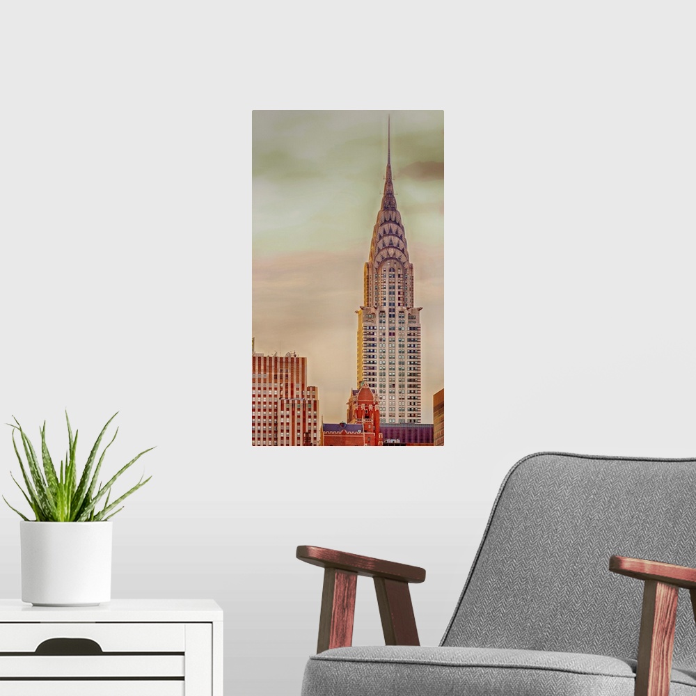 A modern room featuring Chrysler Building