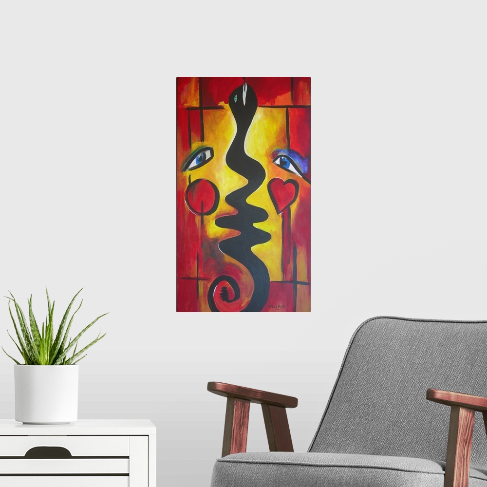 A modern room featuring Contemporary abstract painting representing Adam, Eve, and the serpent.