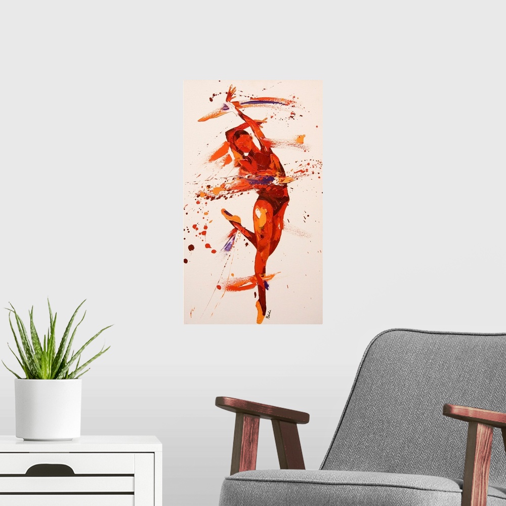 A modern room featuring Contemporary painting using deep warm tones to create a dancing figure against a tan background.