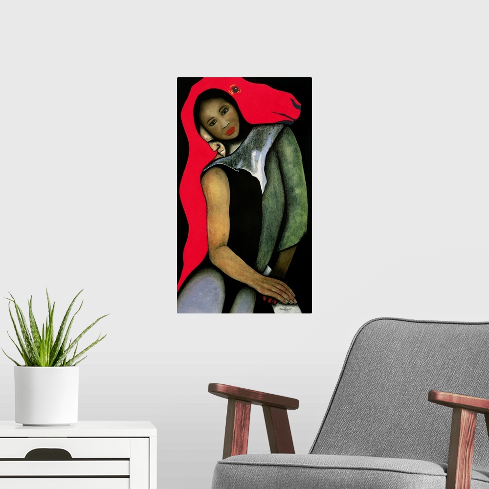 A modern room featuring Man/Woman and a Red Horse, 1999