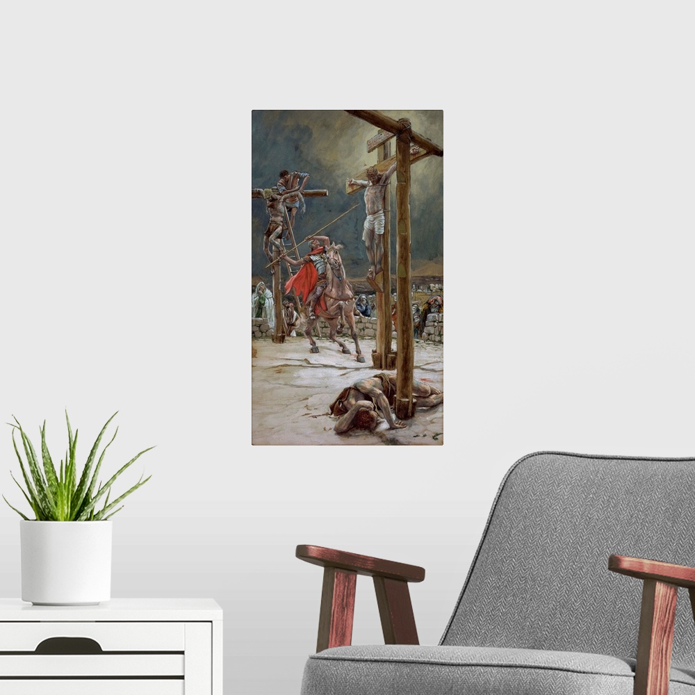 A modern room featuring One of the Soldiers with a Spear Pierced His Side, illustration for 'The Life of Christ'