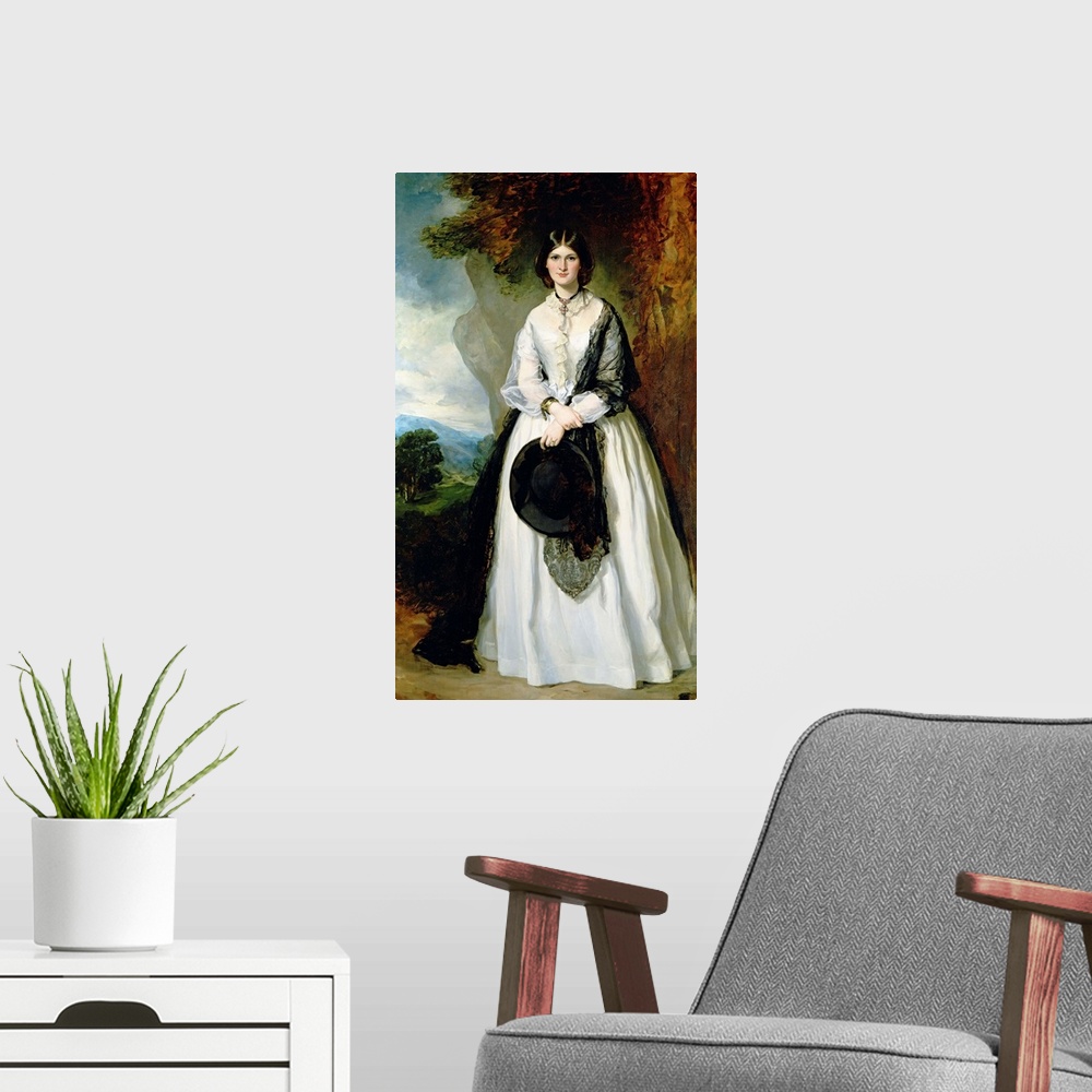 A modern room featuring Young woman in white dress against a landscape