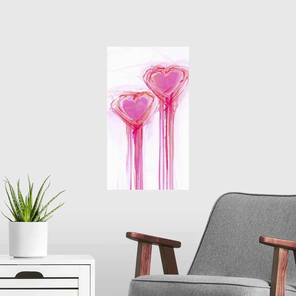 A modern room featuring Contemporary painting of two bright pink heart shapes with long streaks of dripping paint.