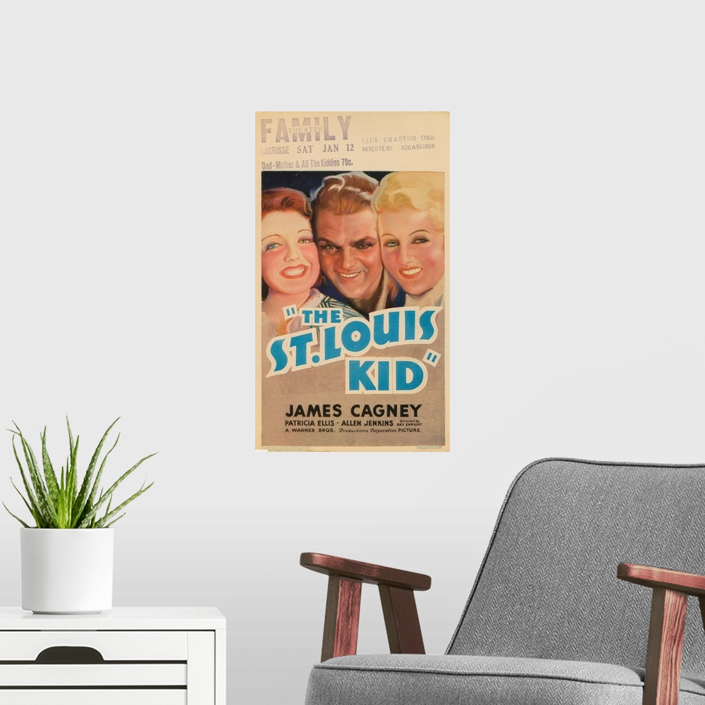 A modern room featuring The St. Louis Kid, Window Card, From Left: Dorothy Dare, James Cagney, Patricia Ellis, 1934.