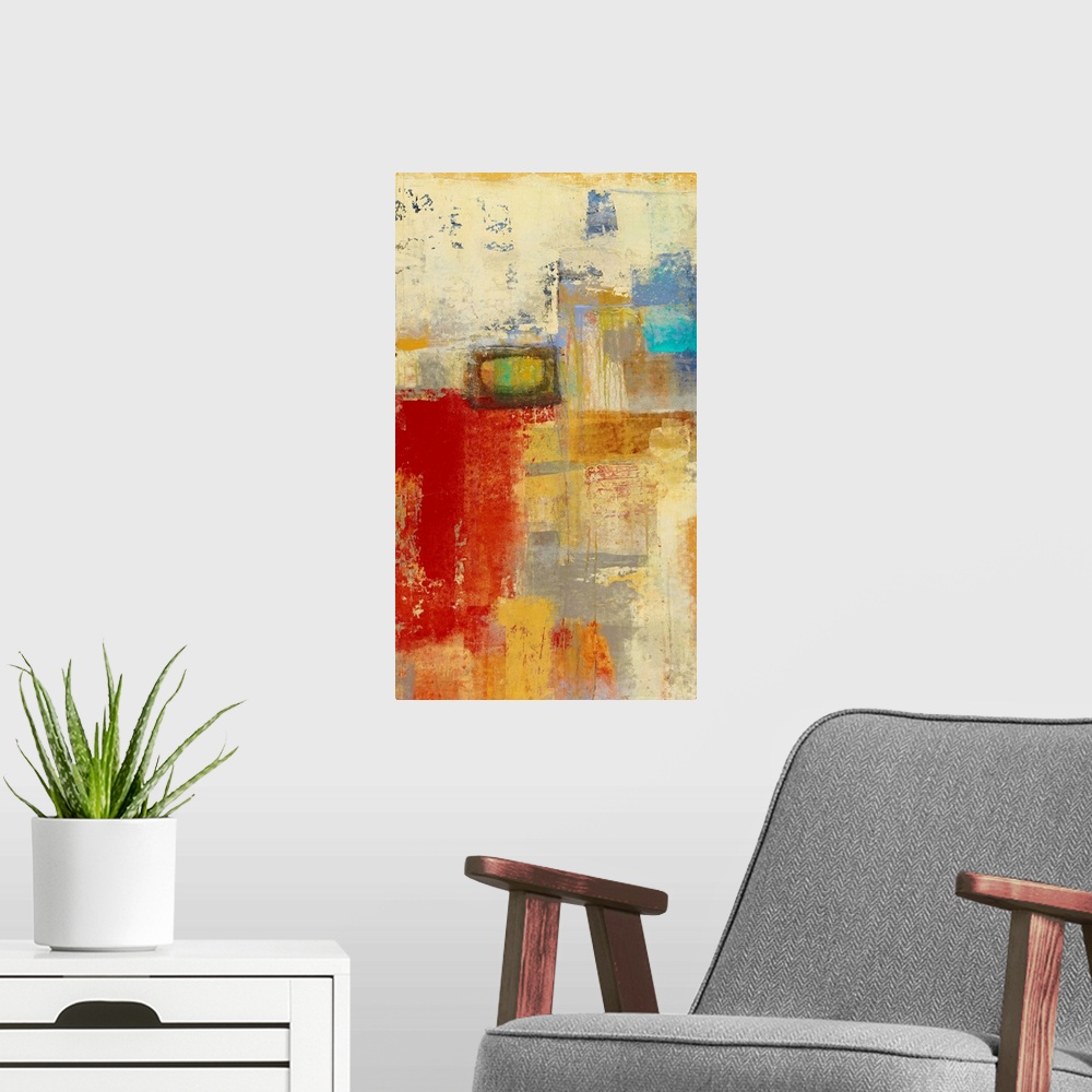 A modern room featuring Contemporary abstract painting in bold shades of red and gold.