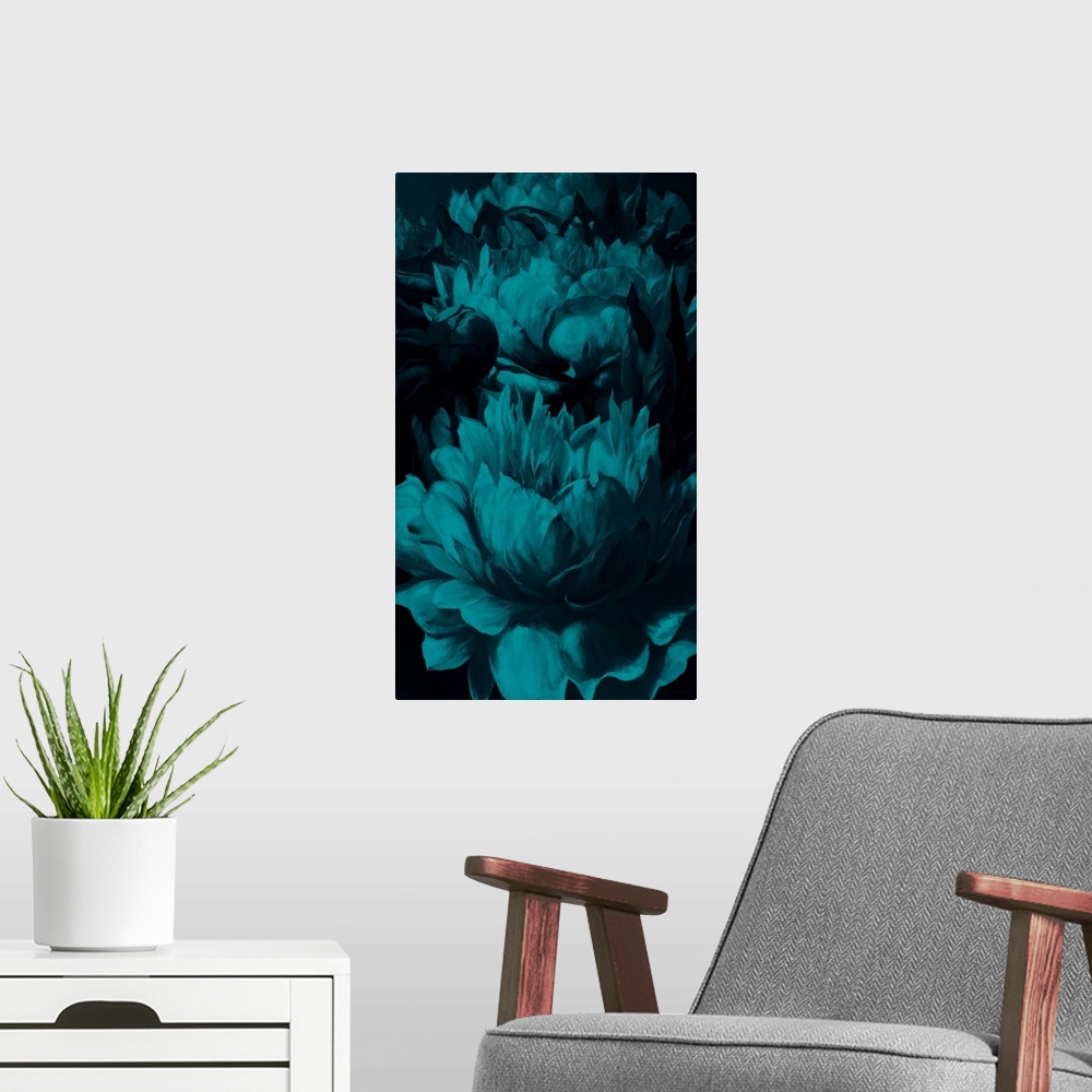A modern room featuring Contemporary painting of blue flowers on a black background.