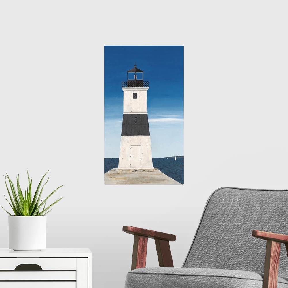 A modern room featuring Painting of Erie Harbor North Pier Light in Pennsylvania.