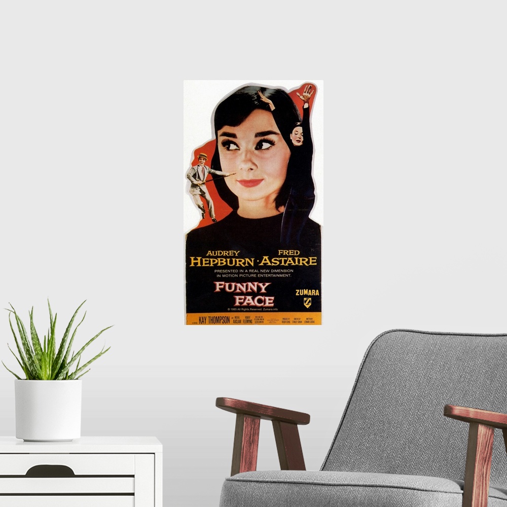 A modern room featuring Audrey Hepburn Funny Face Big Head Poster