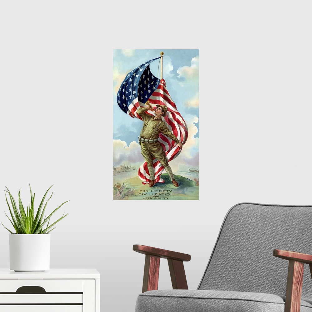 A modern room featuring Digitally restored vector war propaganda poster. This vintage World War One poster features a U.S...