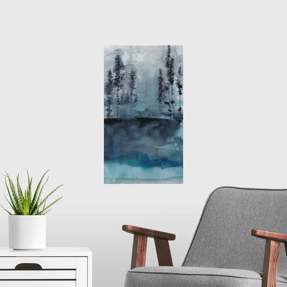 A modern room featuring This watercolor painting features the wilderness against an abstract landscape.