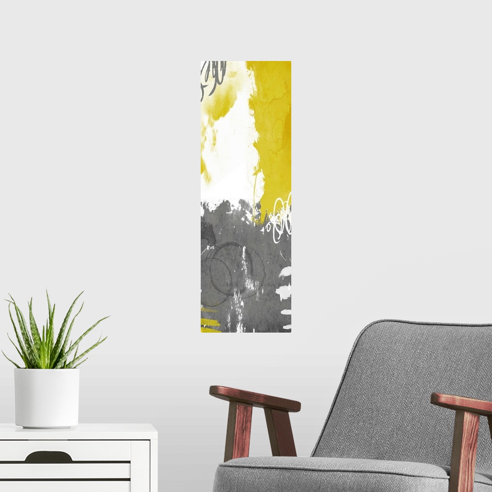 A modern room featuring Vertical contemporary abstract art in shades of white, grey, and yellow.
