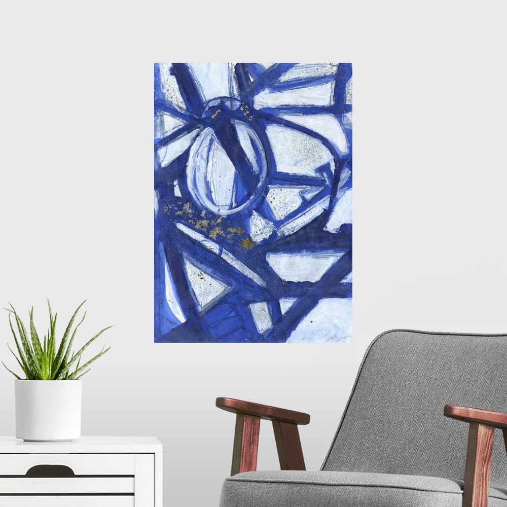 A modern room featuring Contemporary abstract painting of bold blue intersecting lines and curves.