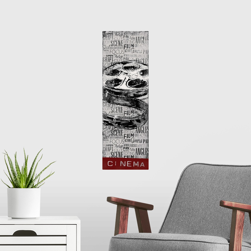 A modern room featuring A vintage film reel on a background filled with layers of text, with the word "cinema" at the bot...