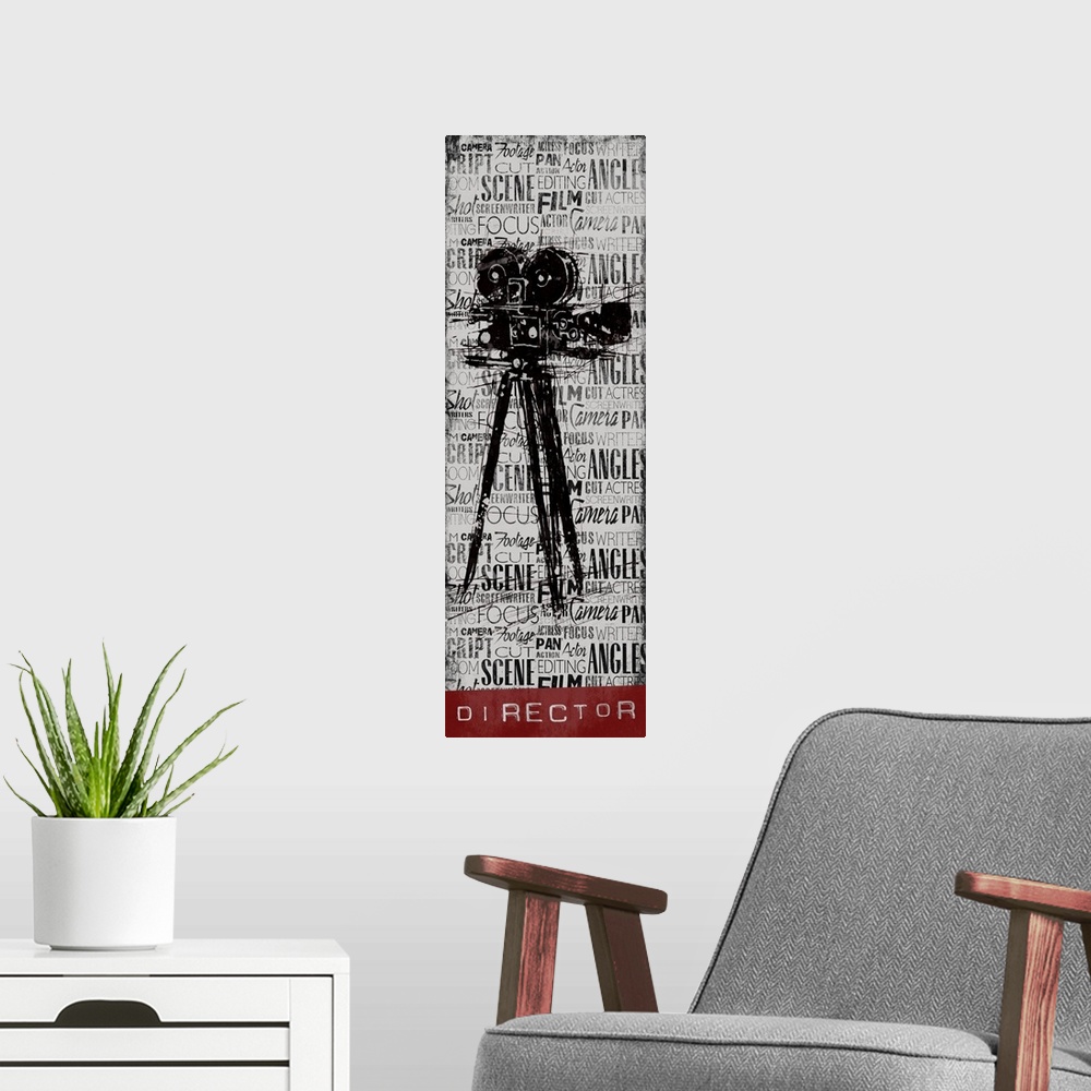A modern room featuring A vintage camera on a background filled with layers of text, with the word "Director" at the bottom.