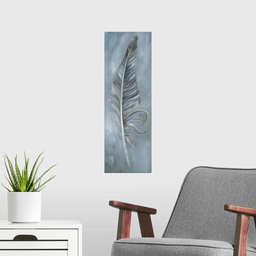 A modern room featuring Contemporary painting of a long wispy feather in blue and silver tones.