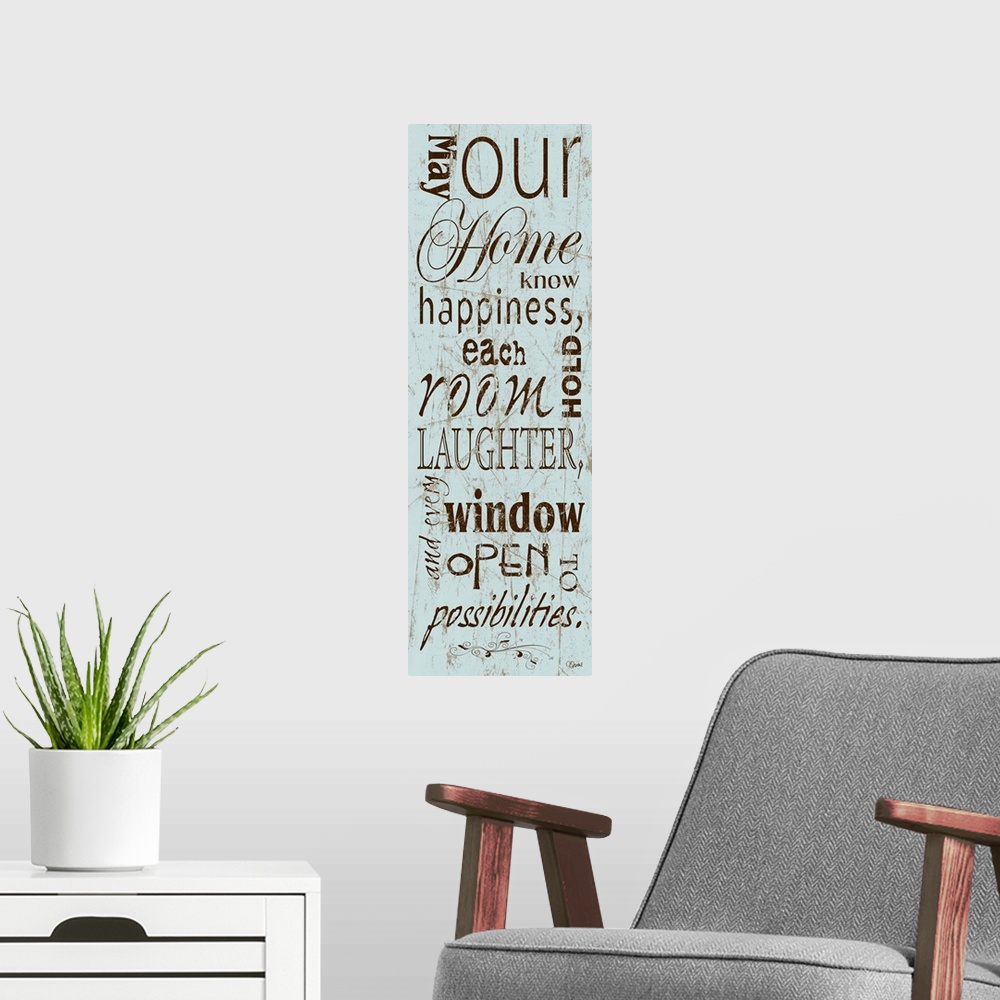 A modern room featuring Vertical typography art in a weathered, grungy style.