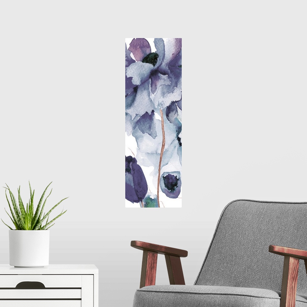 A modern room featuring Contemporary watercolor painting of a flower with broad petals.