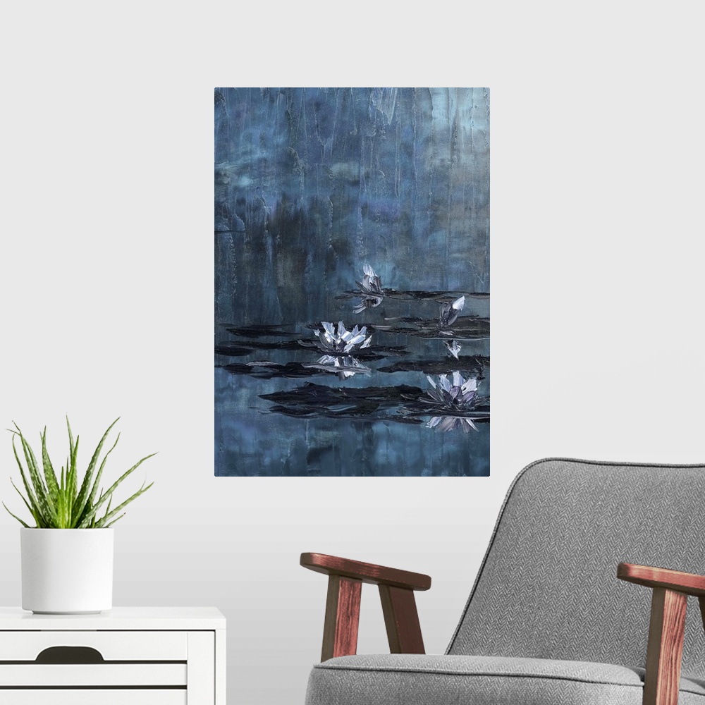 A modern room featuring Contemporary painting of waterlilies in a dark blue pond.