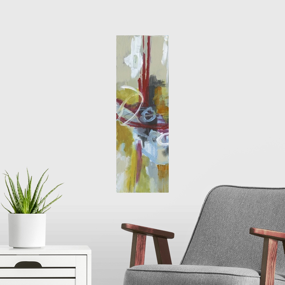 A modern room featuring Abstract painting using vibrant colors and harsh strokes that convey depth and movement.