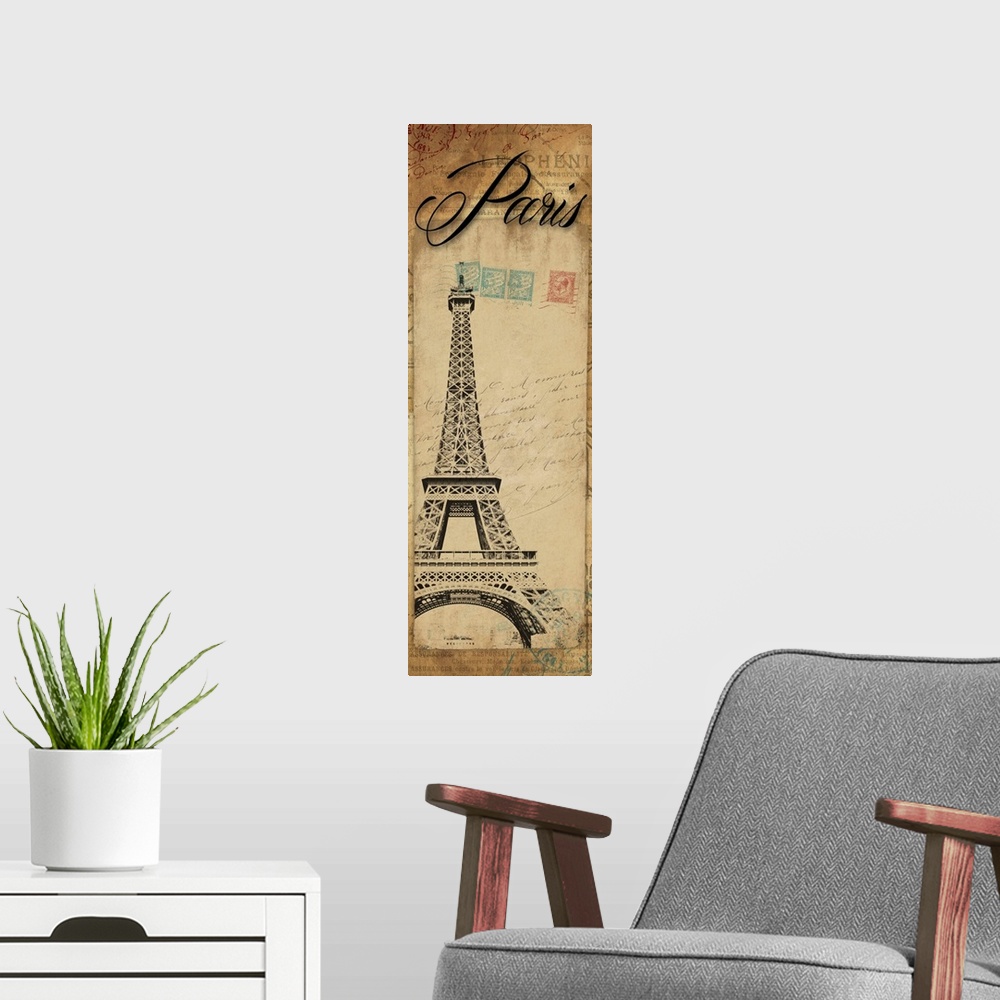 A modern room featuring Artwork of the Eiffel Tower against a postage patterned background. With "Paris" at the top of th...