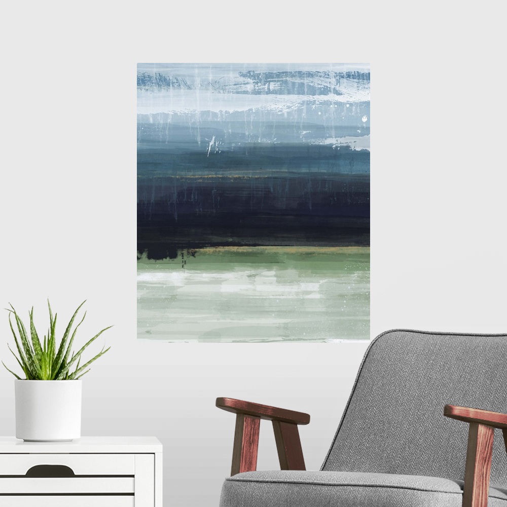 A modern room featuring Abstract contemporary painting with a gradient of two colors meeting near the middle of the canva...