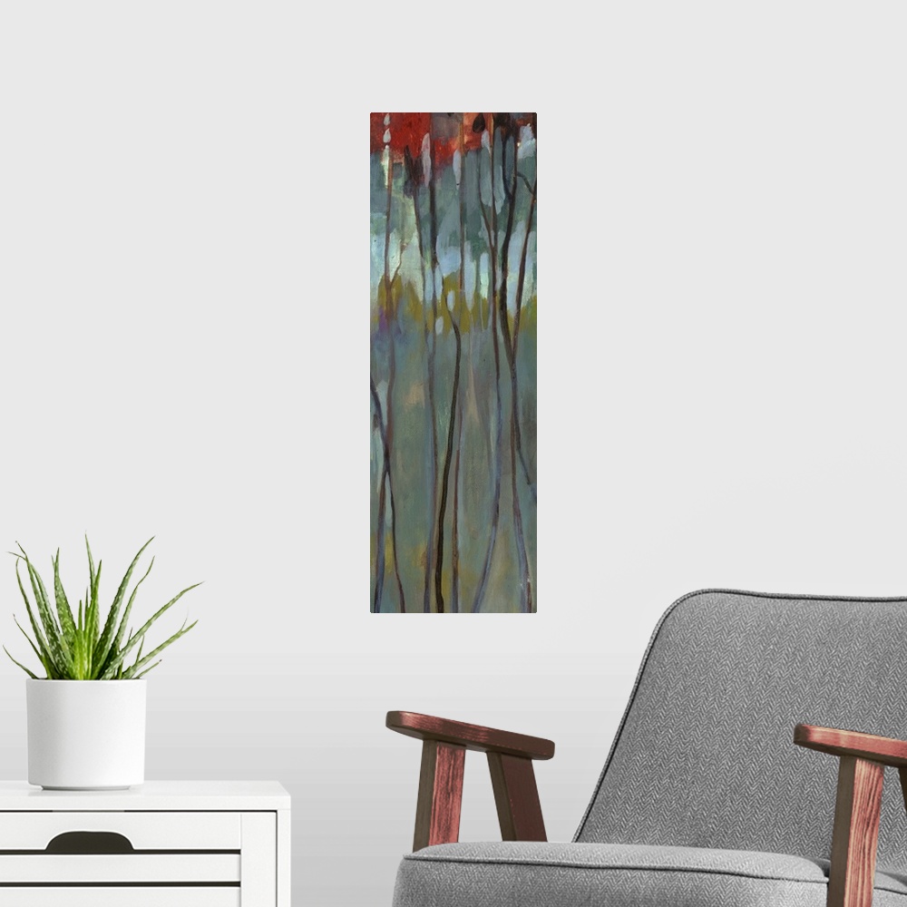 A modern room featuring Contemporary painting of thin birch trees with bright leaves in a dark forest.