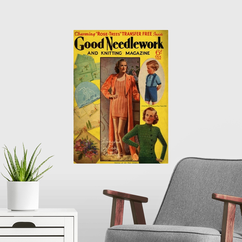 A modern room featuring 1930s UK Good Needlework and Knitting  Magazine Cover