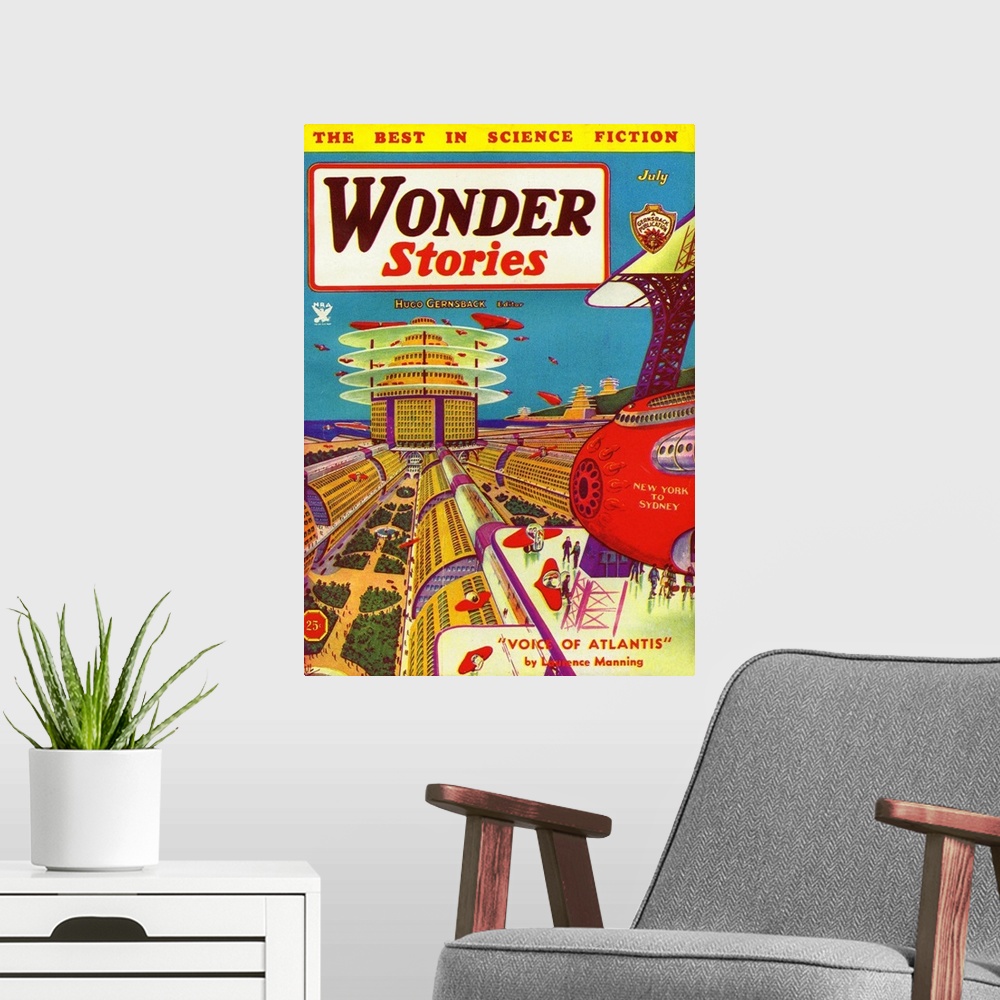 A modern room featuring Wonder Stories, July