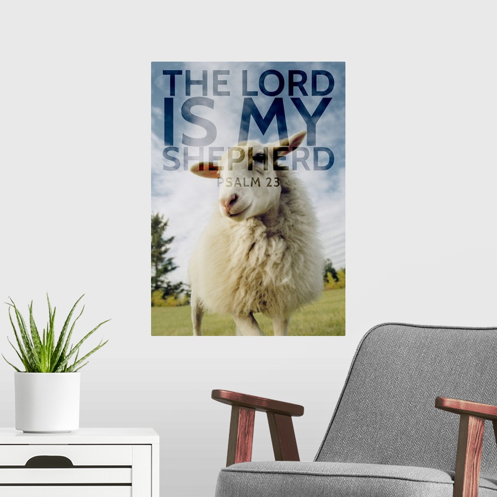 A modern room featuring Image Of A Sheep With Scripture From Psalm 23