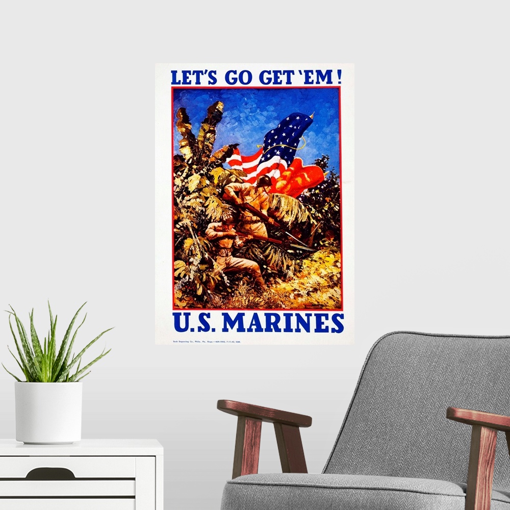 A modern room featuring This World War II recruiting poster shows marines bearing rifles with bayonets in a jungle: 'Let'...