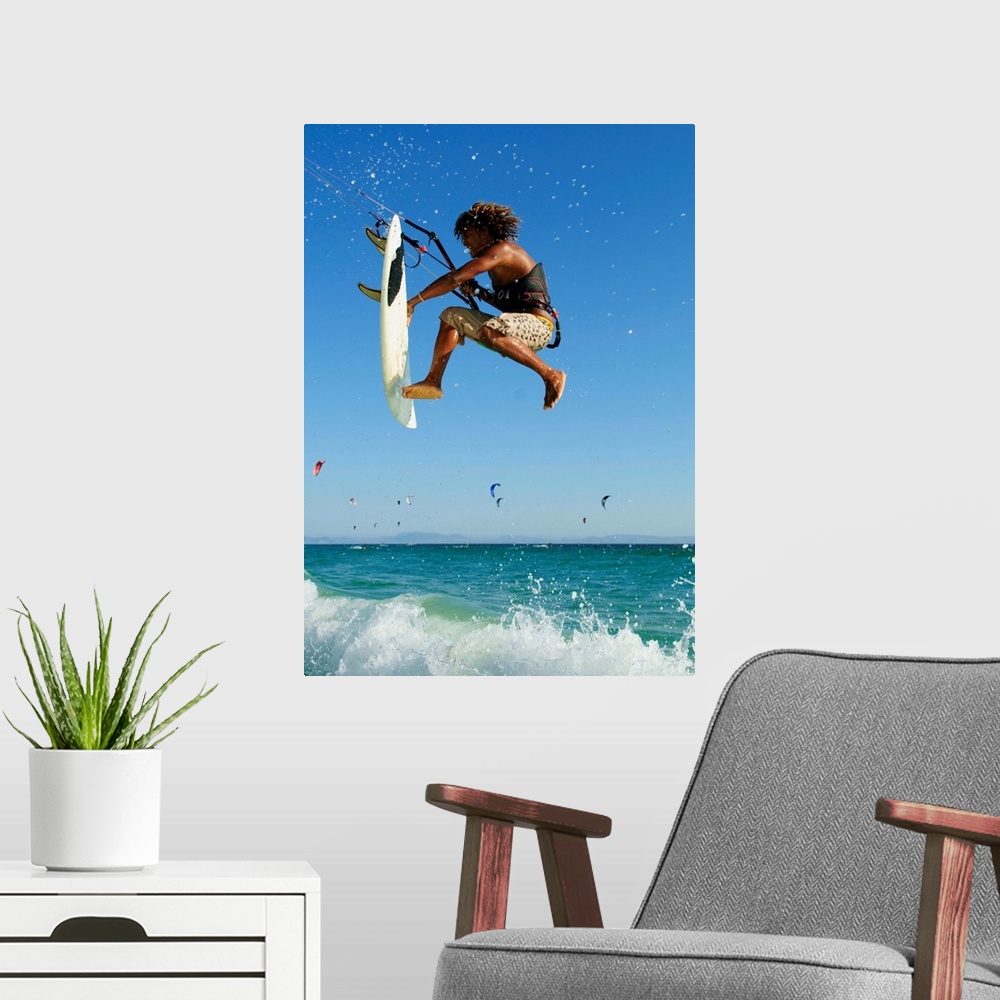 A modern room featuring Young Man Kite Surfing, Costa De La Luz, Andalusia, Spain