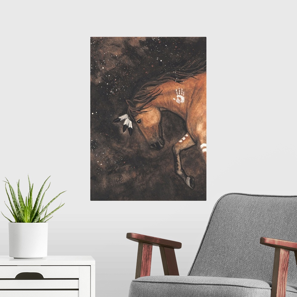 A modern room featuring Majestic Series of Native American inspired horse paintings.
