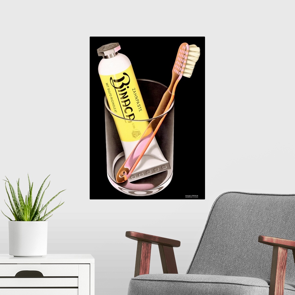 A modern room featuring Bianca Toothpaste, Vintage Poster, by Niklaus Stoecklin
