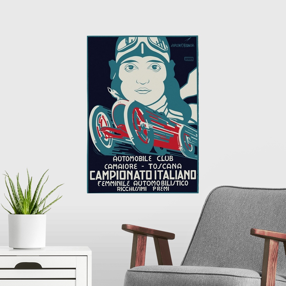 A modern room featuring Old advertising print for an automobile club with a racer's headshot and vintage racecar.