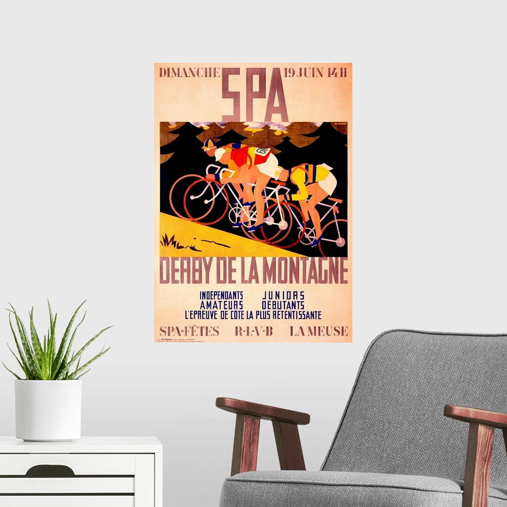 A modern room featuring Older bicycling race announcement advertising the Derby De La Montagne.